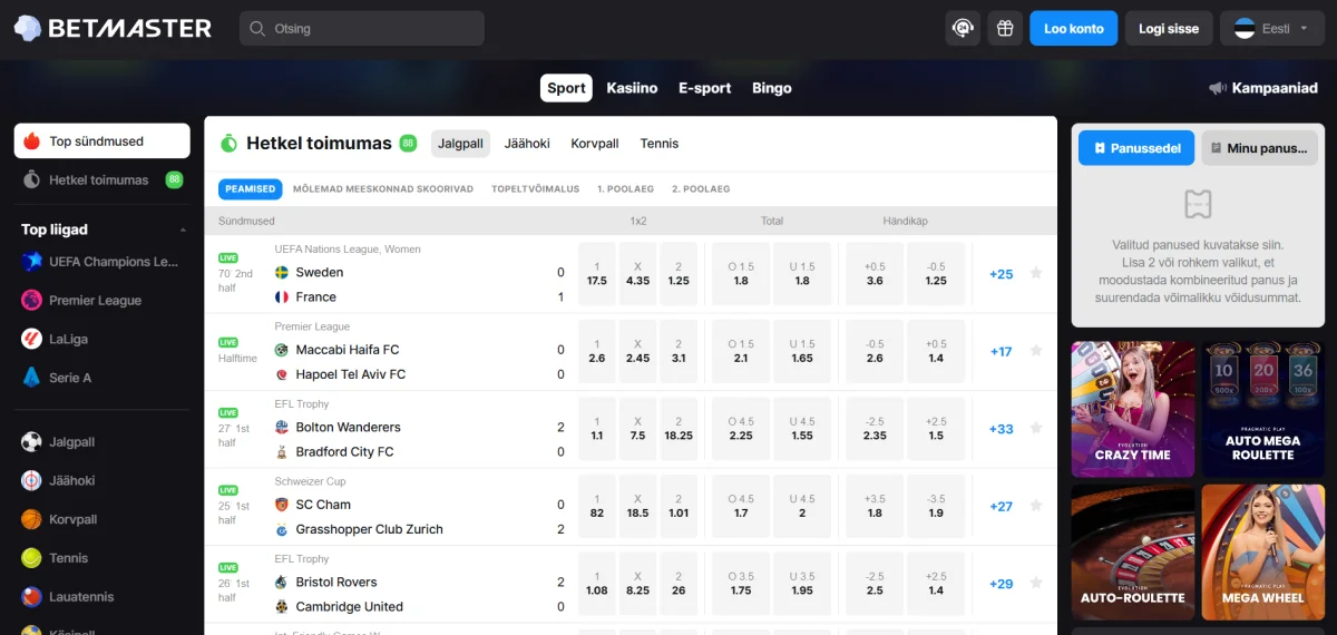 Betmaster kihlveokontor – live panused