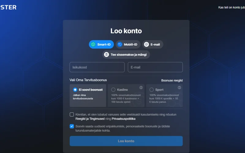 Betmaster registreerimisvorm